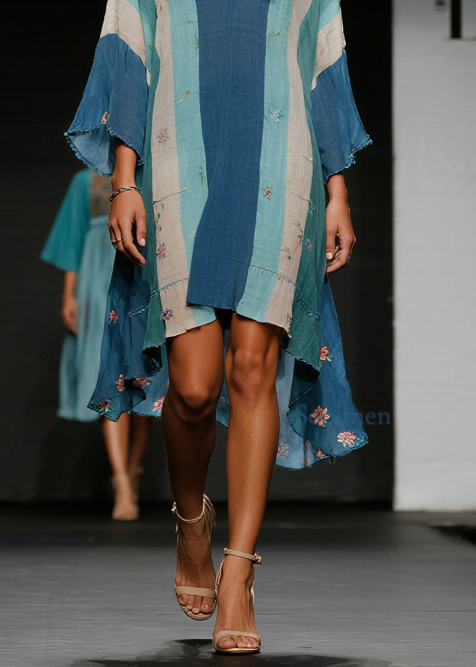 Casual Colorblock V Neck Floral Asymmetrical Cotton Dress Spring