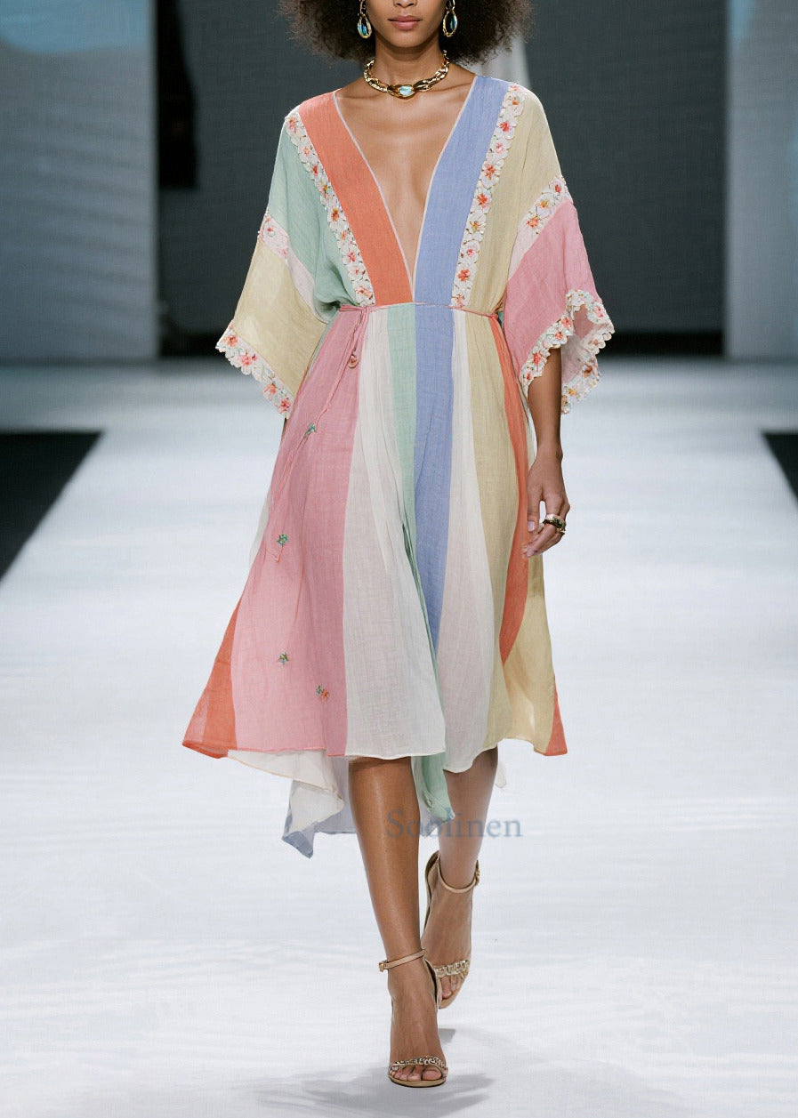 Casual Colorblock V Neck Floral Cotton Dress Summer