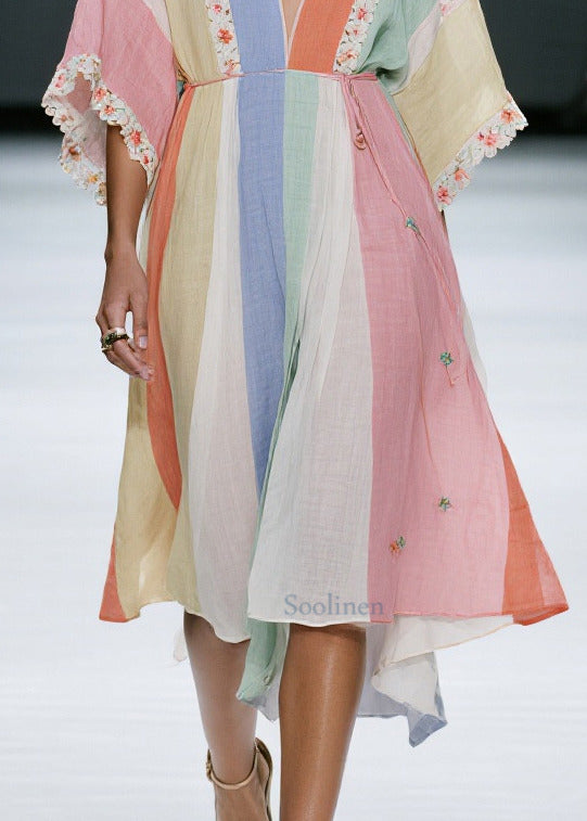 Casual Colorblock V Neck Floral Cotton Dress Summer