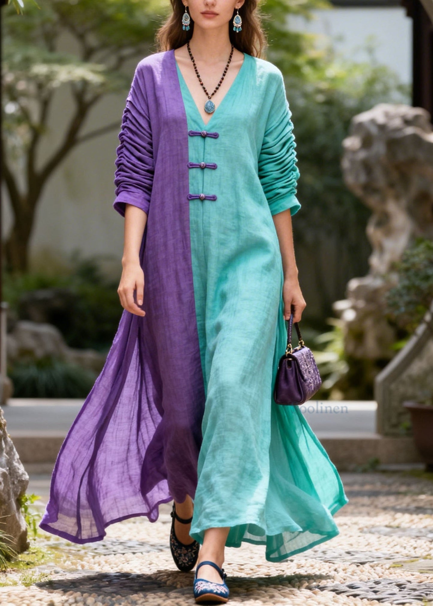 Casual Colorblock V Neck Patchwork Cotton Dresses Summer