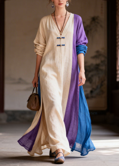 Casual Colorblock V Neck Patchwork Cotton Long Dress Summer