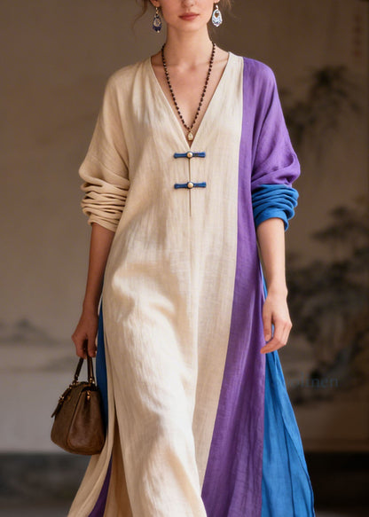 Casual Colorblock V Neck Patchwork Cotton Long Dress Summer