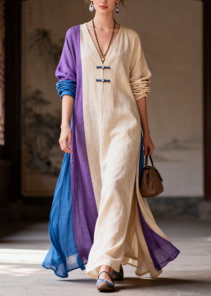 Casual Colorblock V Neck Patchwork Cotton Long Dress Summer