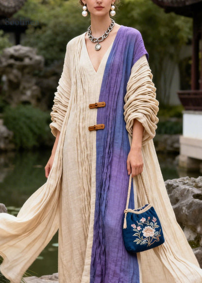 Casual Colorblock V Neck Wrinkled Patchwork Cotton Dress Summer