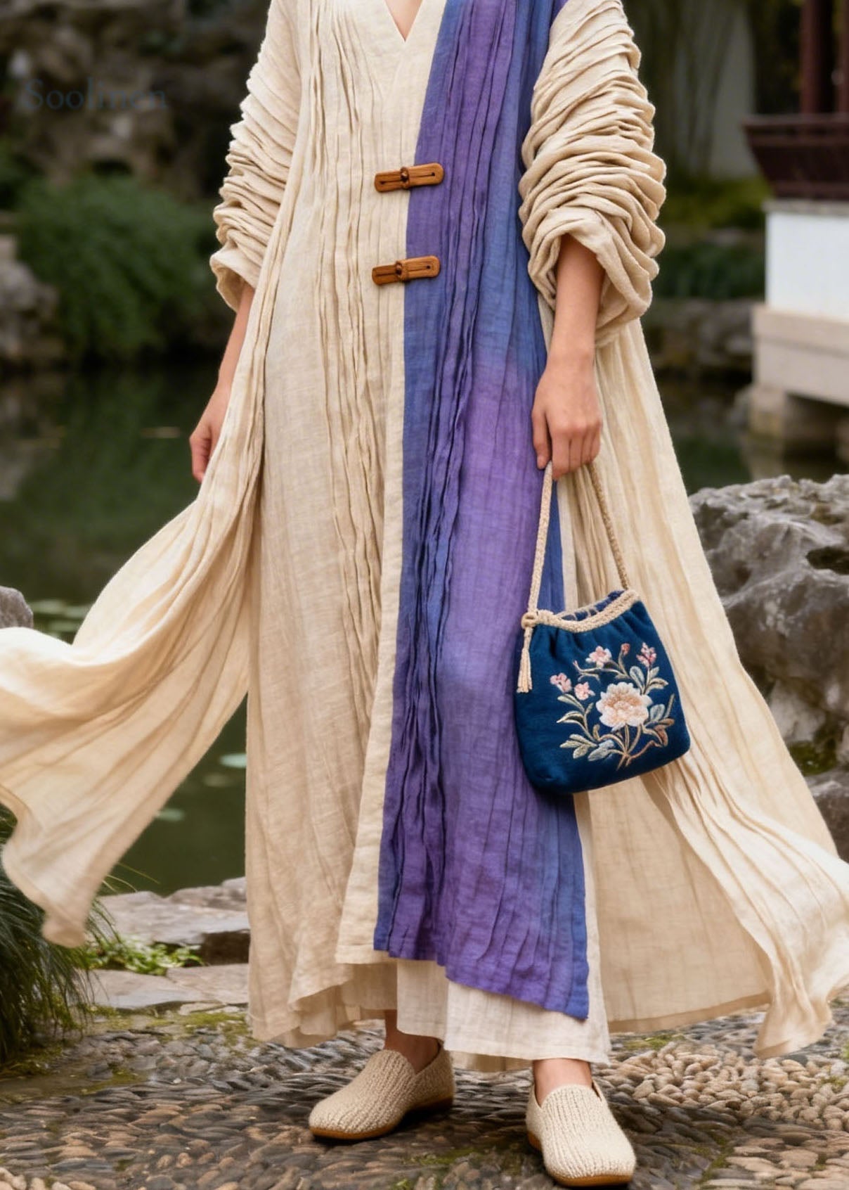 Casual Colorblock V Neck Wrinkled Patchwork Cotton Dress Summer
