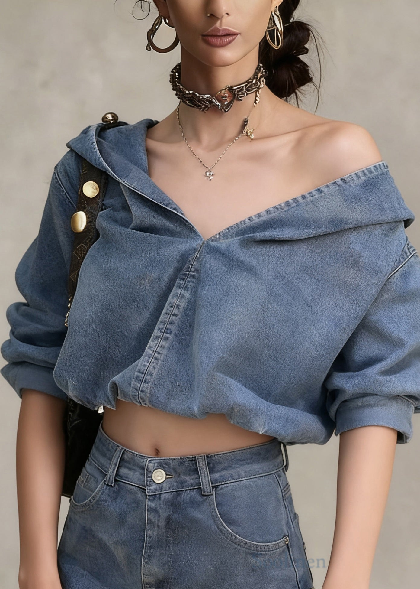 Casual Denim Blue Hooded Coat And Shorts Two Pieces Set Spring
