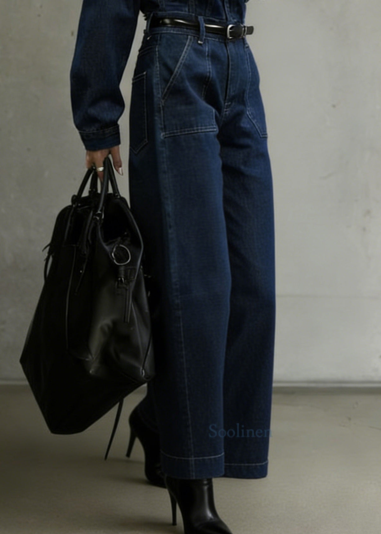 Casual Denim Blue Peter Pan Collar Patchwork Pocket Jumpsuit Spring
