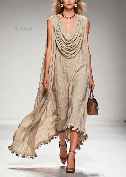 Casual Draped Neckline Floral Patchwork Linen Dress Sleeveless