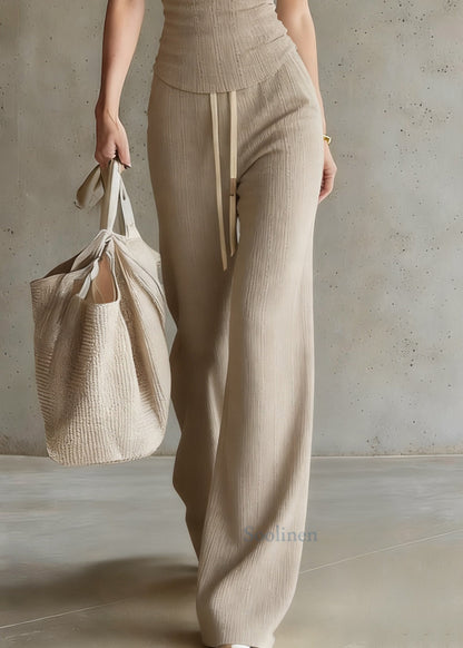Casual Drawstring Top And Wide Leg Pants Two Piece Set Short Sleeve