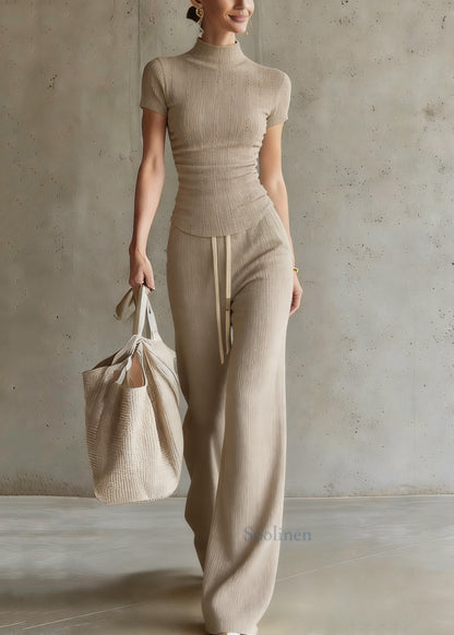Casual Drawstring Top And Wide Leg Pants Two Piece Set Short Sleeve