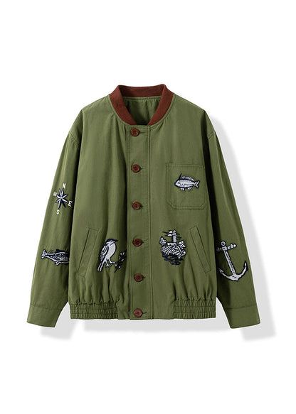 Casual Green Embroidered Pockets Button Cotton Jacket Fall