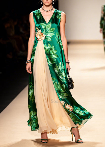 Casual Green Print Handmade Flower Chiffon Long Dress Sleeveless
