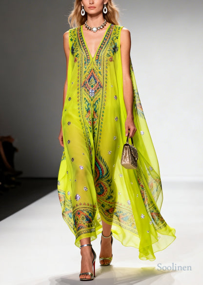 Casual Green Print Sparkly Draping Chiffon Holiday Dresses Summer
