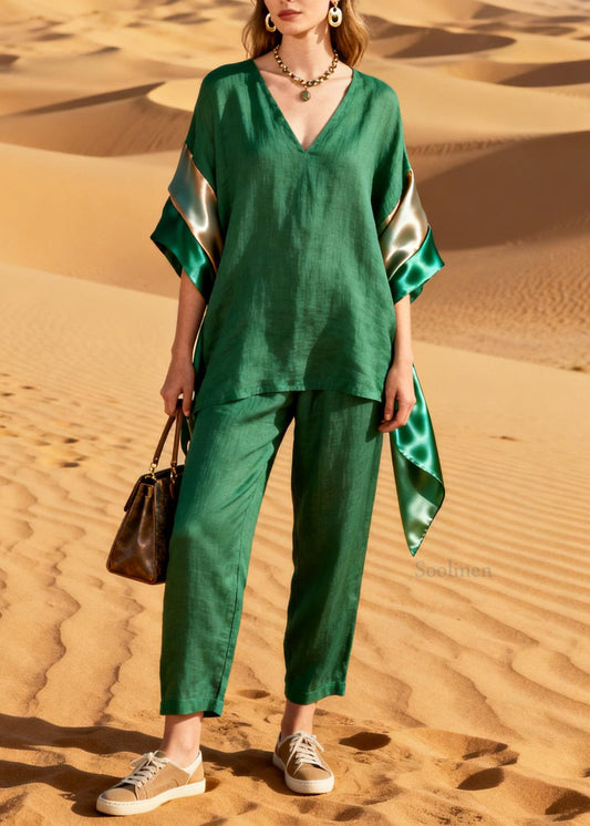 Casual Green Top And Pants Patchwork Linen Silk Two Pieces Set Summer