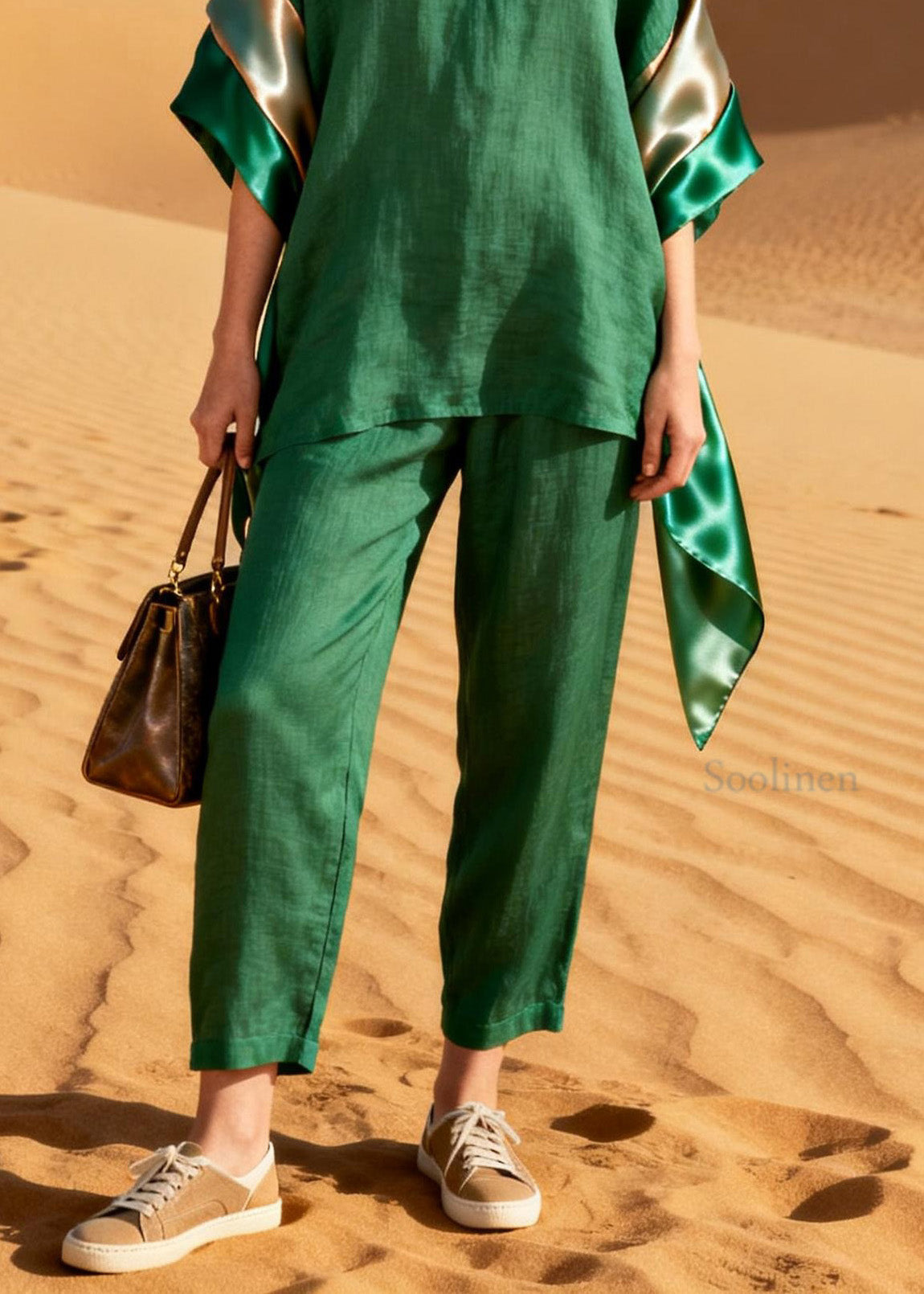 Casual Green Top And Pants Patchwork Linen Silk Two Pieces Set Summer