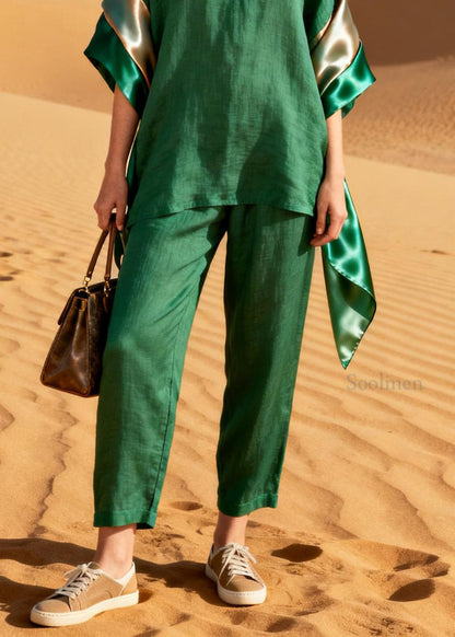 Casual Green Top And Pants Patchwork Linen Silk Two Pieces Set Summer