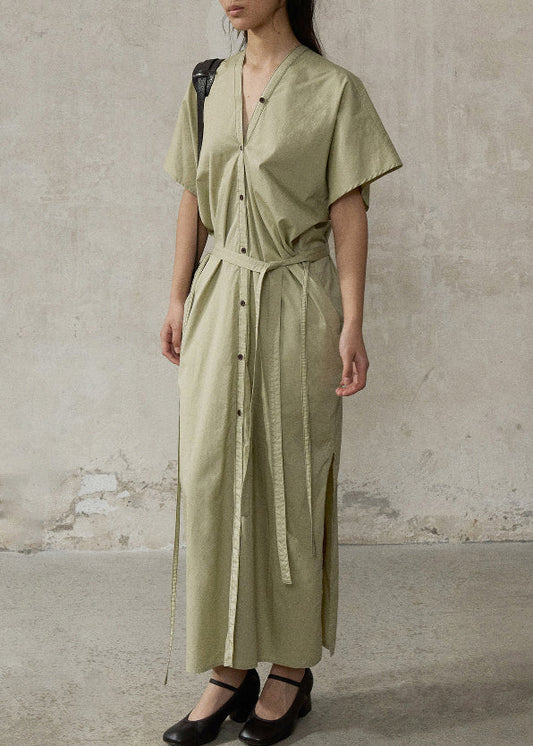 Casual Green V Neck Side Open Cotton Long Dresses Summer