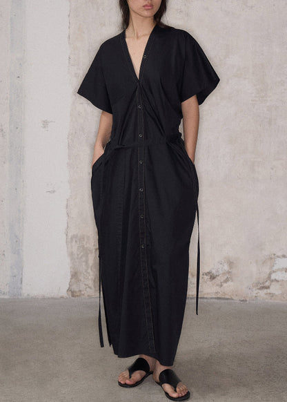 Casual Green V Neck Side Open Cotton Long Dresses Summer