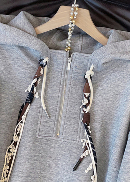 Casual Grey Hooded Zippered False Two Pieces Cotton Sweatshirts Top Fall