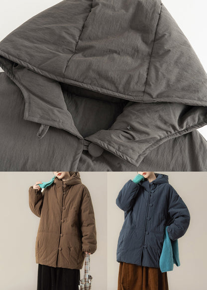 Casual Grey Pockets Hooded Parka Lantern Sleeve