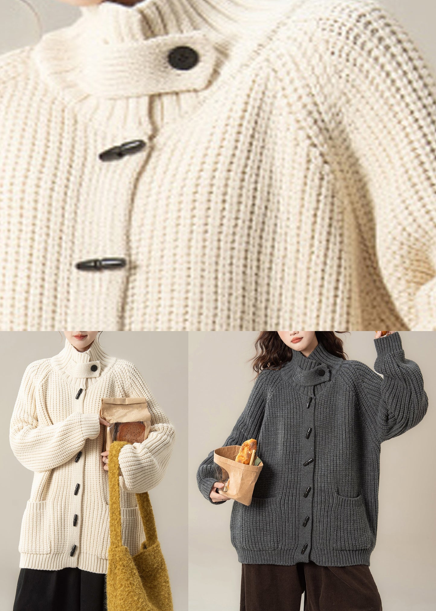 Casual Grey Stand Collar Thick Cotton Knit Cardigans Winter