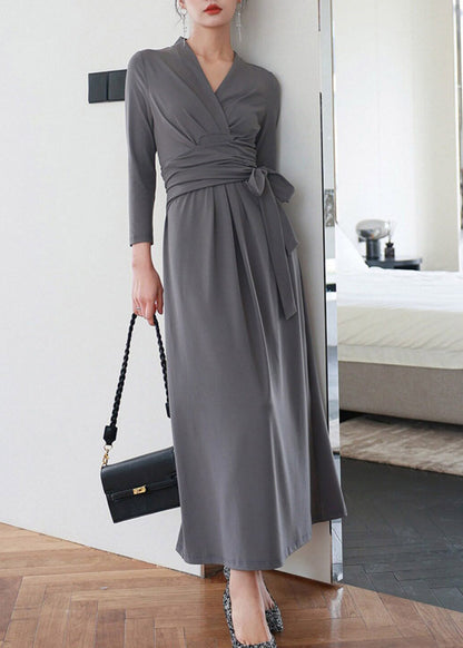 Casual Grey V Neck Solid Holiday Long Dress Three Quarter Sleeve