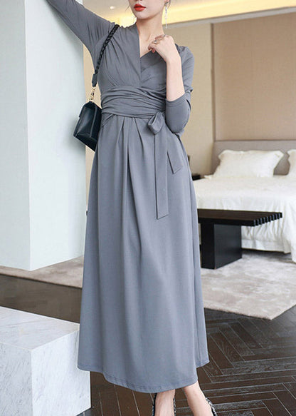 Casual Grey V Neck Solid Holiday Long Dress Three Quarter Sleeve