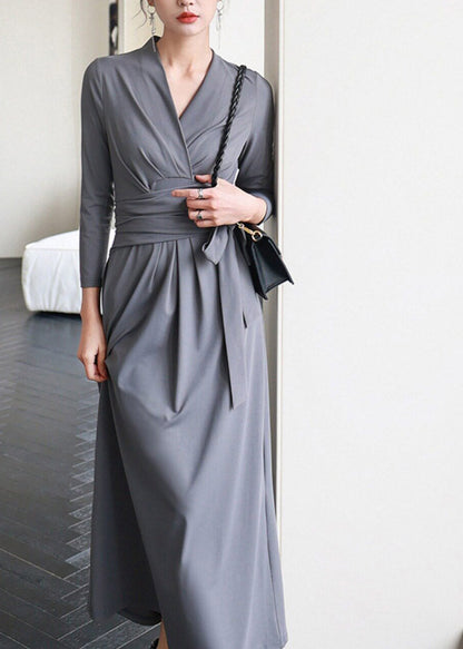 Casual Grey V Neck Solid Holiday Long Dress Three Quarter Sleeve