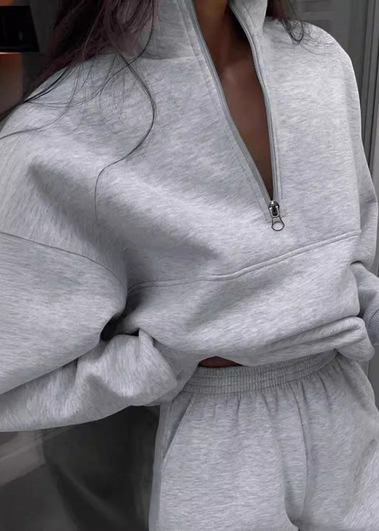 Casual Grey Zip Up Cotton Women Sets 2 Pieces Spring