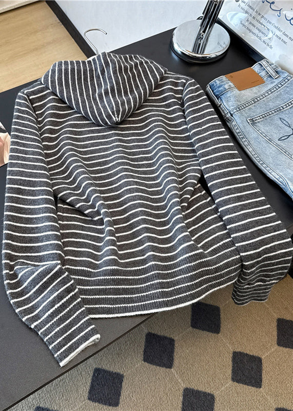 Casual Grey Zip Up Striped Hooded Knit Coats Spring