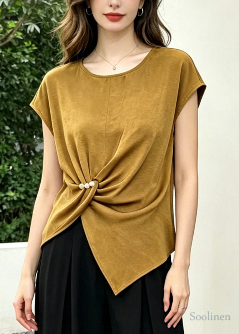 Casual Khaki Asymmetrical Cotton Silk Two Piece Set Women Clothing Summer