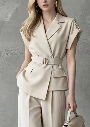 Casual Khaki Double Breast Tie Waist Spandex Two Pieces Set Sleeveless