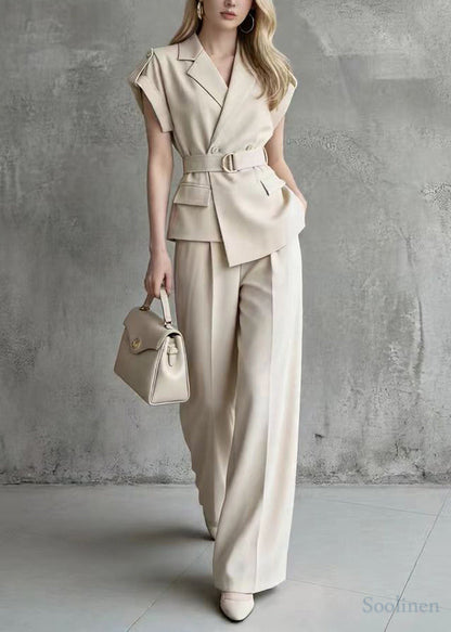 Casual Khaki Double Breast Tie Waist Spandex Two Pieces Set Sleeveless