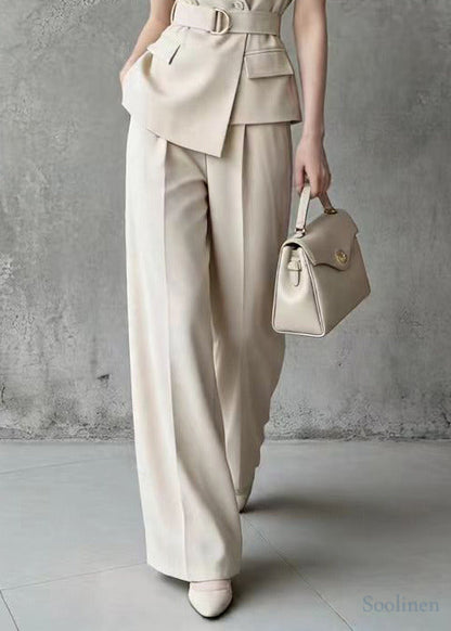 Casual Khaki Double Breast Tie Waist Spandex Two Pieces Set Sleeveless
