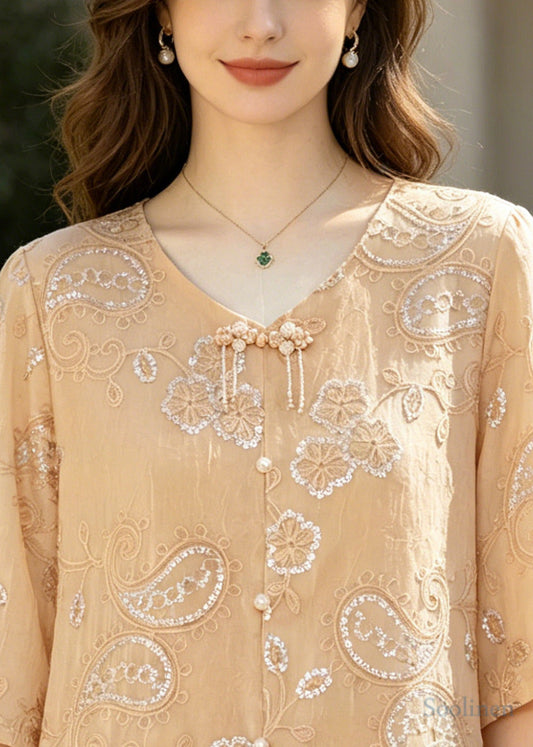 Casual Khaki Embroidered Patchwork Lace Tops Summer