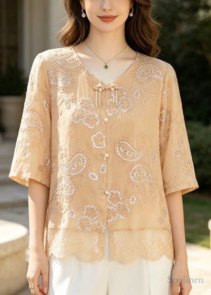 Casual Khaki Embroidered Patchwork Lace Tops Summer