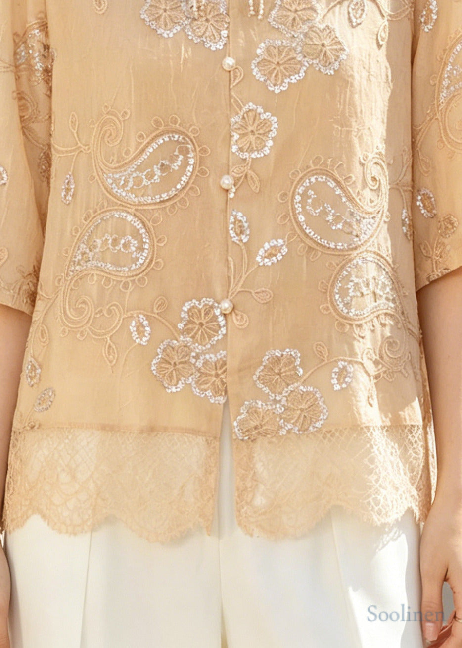 Casual Khaki Embroidered Patchwork Lace Tops Summer