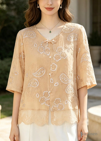 Casual Khaki Embroidered Patchwork Lace Tops Summer