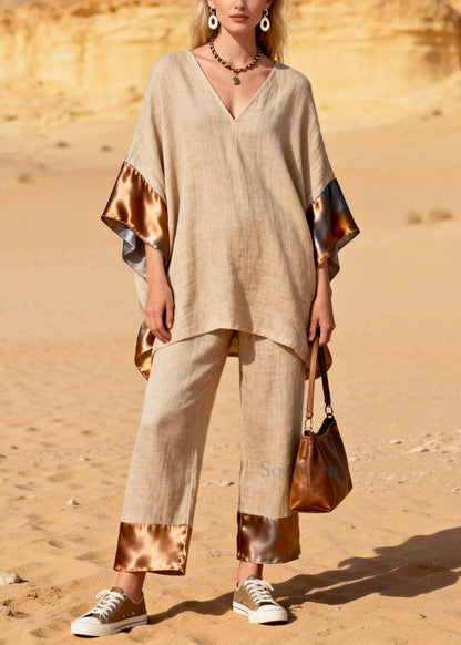 Casual Khaki Oversized Patchwork Silk Linen Two Pieces Set Summer