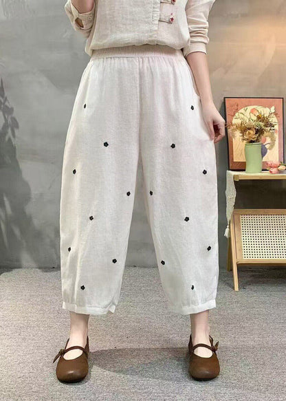 Casual Khaki Pockets Elastic Waist Dot Print Linen Crop Pants Summer