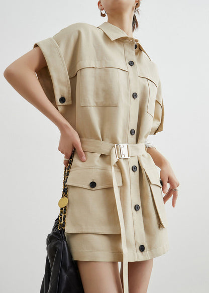 Casual Khaki Workwear Style Pockets T-Shirt Dress Summer