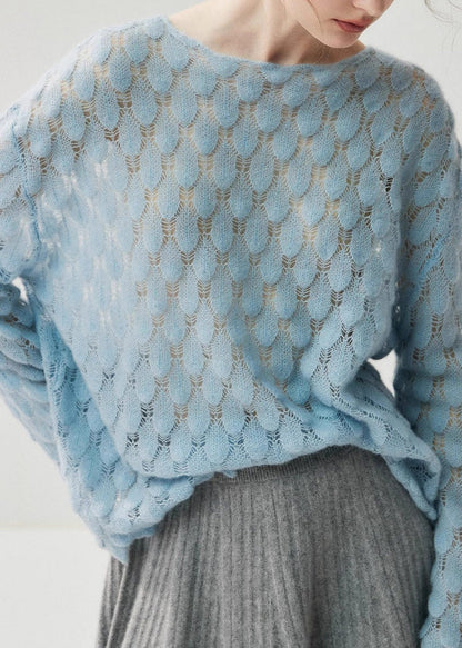 Casual Light Blue Slash Neck Hollow Out Cotton Knit Sweater Spring