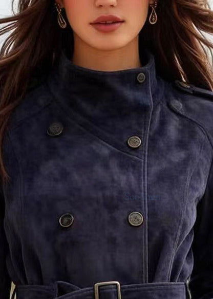 Casual Navy Double Breast Faux Suede Tunic Coats Spring