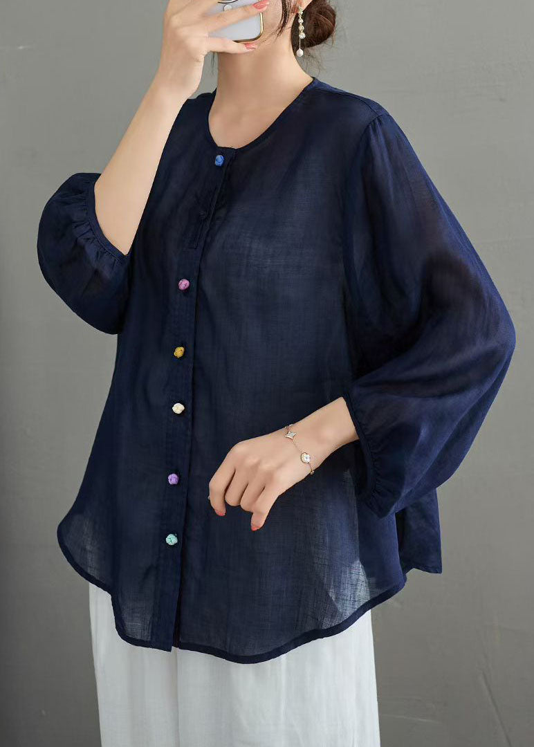 Casual Navy O Neck Button Loose Linen Shirts Summer