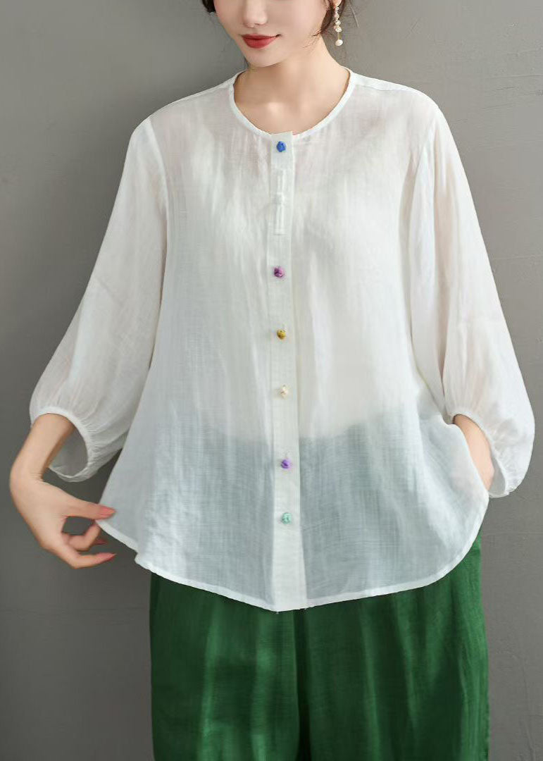 Casual Navy O Neck Button Loose Linen Shirts Summer