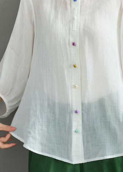 Casual Navy O Neck Button Loose Linen Shirts Summer