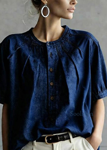 Casual Navy O Neck Button Wrinkled Denim Top Summer