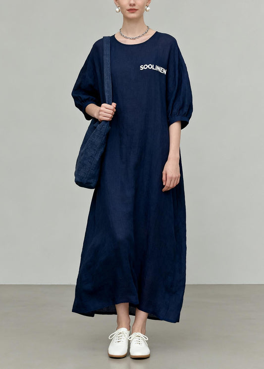 Casual Navy O-Neck Oversized Cotton Vacation Dresses Summer