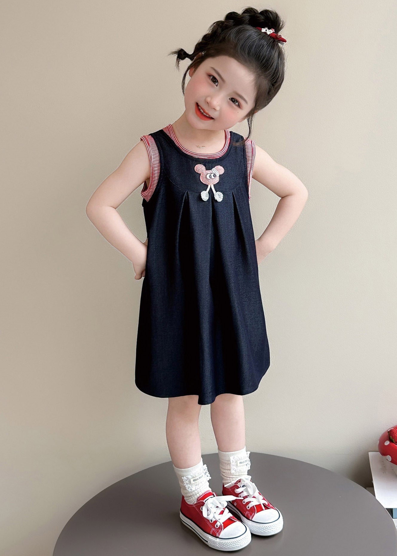 Casual Navy O-Neck Patchwork Kids Long Dresses Sleeveless