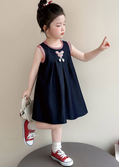 Casual Navy O-Neck Patchwork Kids Long Dresses Sleeveless